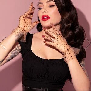 Vixen by Micheline Pitt BLACK POLKA DOT WRISTLET GLOVES IN TAN MESH